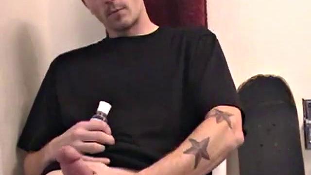 Dan grabs the lube and gets ready to beat off in the bathroom. After working up a stiff one, he strokes his cock with determination, until it squirts fresh warm cum all over his tummy and chest.