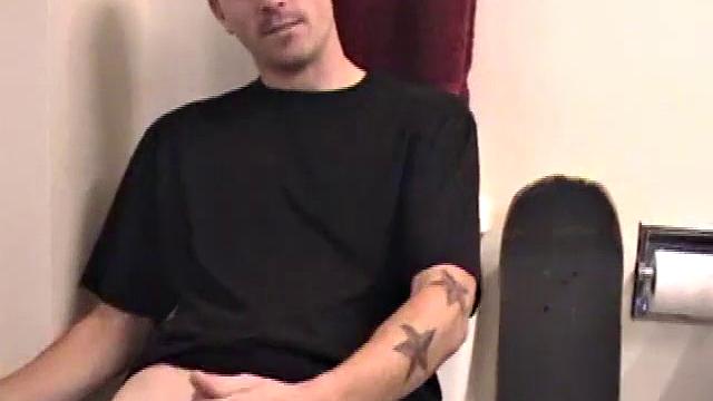 Dan grabs the lube and gets ready to beat off in the bathroom. After working up a stiff one, he strokes his cock with determination, until it squirts fresh warm cum all over his tummy and chest.