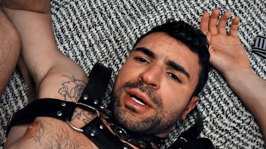 Hairy gay in leather harness barebacked in closeup video