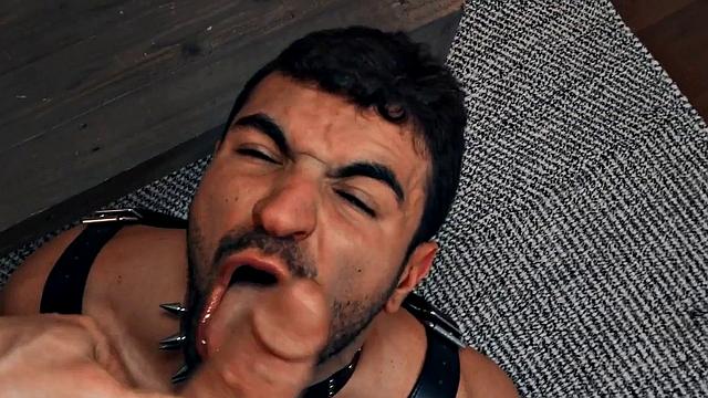 Hairy gay in leather harness barebacked in closeup video