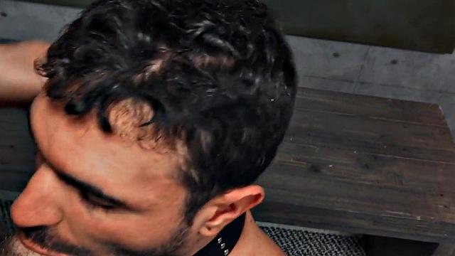 Hairy gay in leather harness barebacked in closeup video