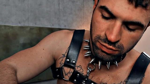 Hairy gay in leather harness barebacked in closeup video
