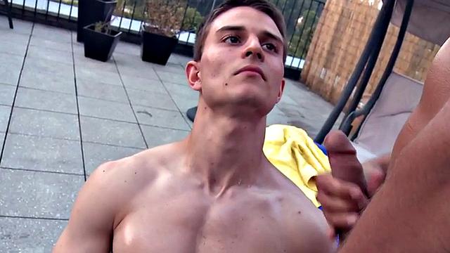 Oiled athletic jock massages and fucks twink outside