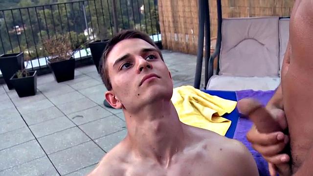 Oiled athletic jock massages and fucks twink outside