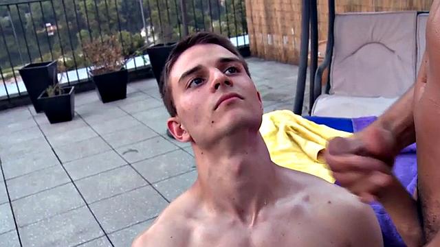 Oiled athletic jock massages and fucks twink outside