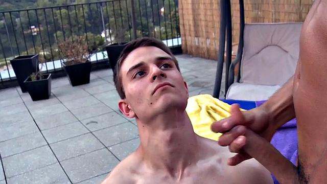 Oiled athletic jock massages and fucks twink outside