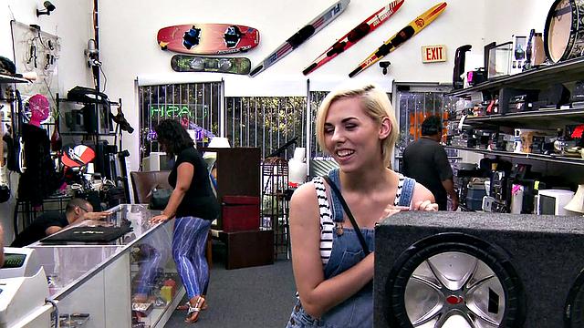 Pawnshop slut drilled hardcore by big white dick.