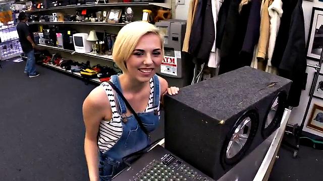 Pawnshop slut drilled hardcore by big white dick.