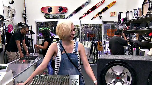 Pawnshop slut drilled hardcore by big white dick.