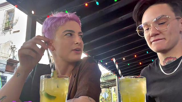 Lesbian tattooed girl licks and fingers GFs pussy at home