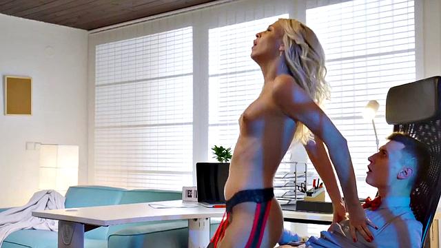 Sexy blonde office babe in stockings rides boyfriend's hard cock like a pro