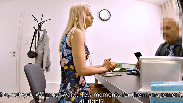 Sexy blonde in high heels fucks and sucks for cash in office