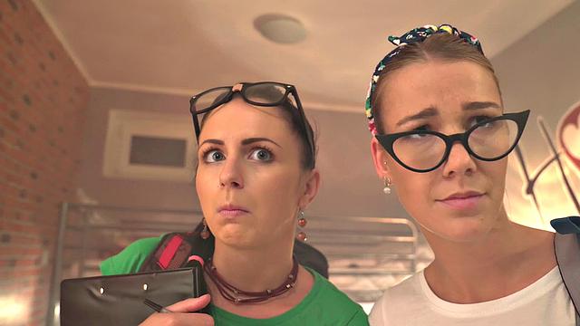 A bald and glasses-wearing babe take a deep inspection of her pussy in reverse cowgirl and doggystyle positions