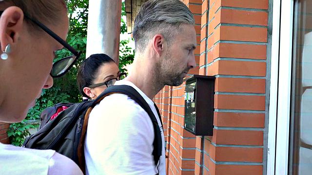 A bald and glasses-wearing babe take a deep inspection of her pussy in reverse cowgirl and doggystyle positions