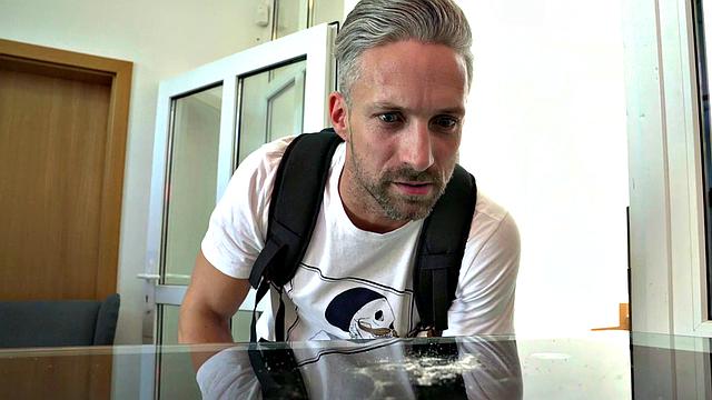 A bald and glasses-wearing babe take a deep inspection of her pussy in reverse cowgirl and doggystyle positions