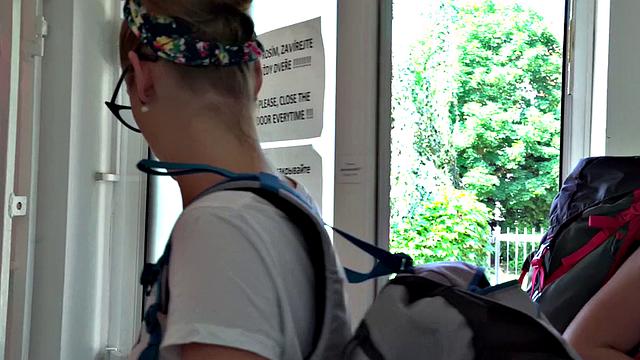 A bald and glasses-wearing babe take a deep inspection of her pussy in reverse cowgirl and doggystyle positions