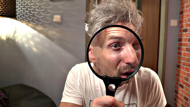 A bald and glasses-wearing babe take a deep inspection of her pussy in reverse cowgirl and doggystyle positions