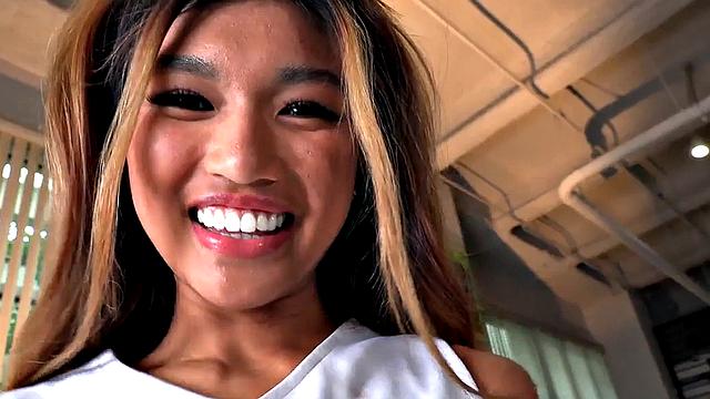 Petite Asian 21yo cheerleader jerks dick and talks dirty