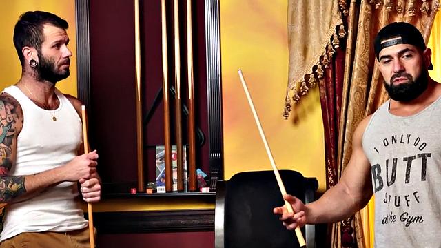 Ripped muscle barebacking on the pool table before creampie