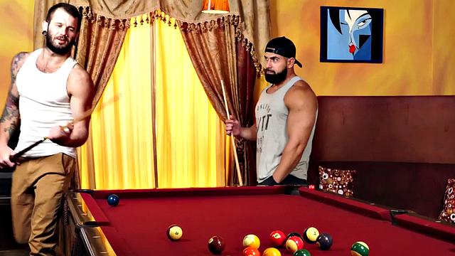 Ripped muscle barebacking on the pool table before creampie