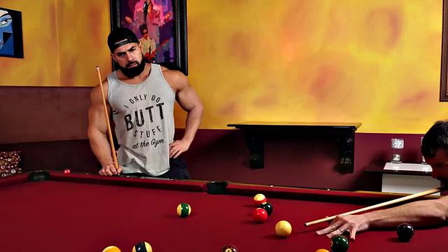 Ripped muscle barebacking on the pool table before creampie