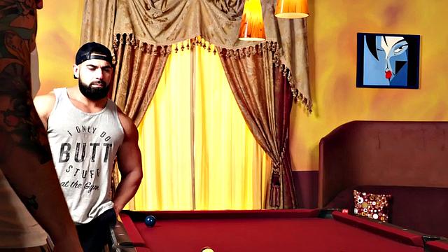 Ripped muscle barebacking on the pool table before creampie