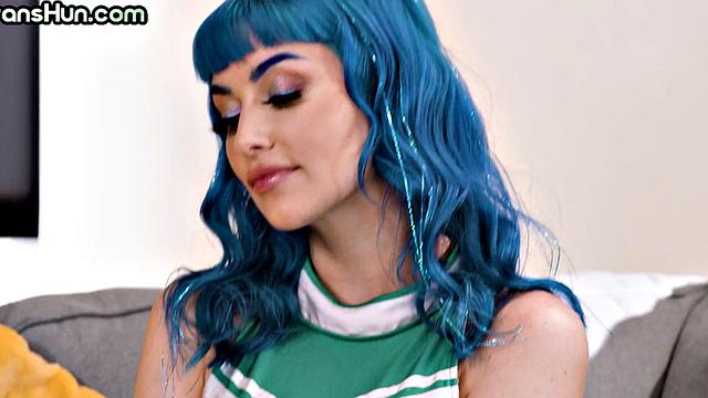 Transgender cheerleaders fuck babe in 3way till cum on her tits