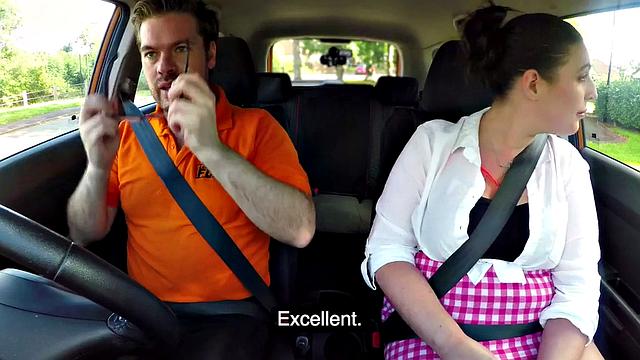 Naughty British MILF with glasses and bubble butt rides and sucks off her car instructor