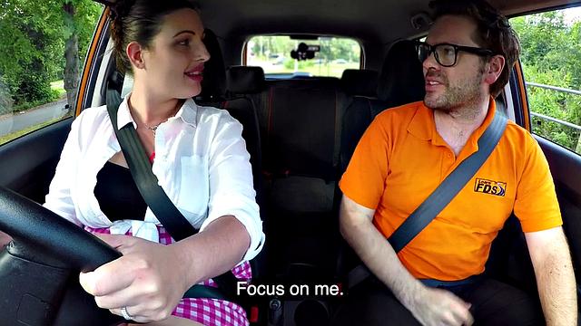 Naughty British MILF with glasses and bubble butt rides and sucks off her car instructor