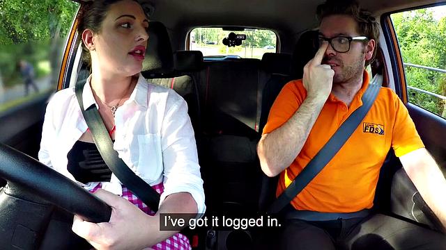 Naughty British MILF with glasses and bubble butt rides and sucks off her car instructor