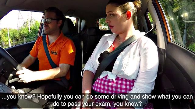Naughty British MILF with glasses and bubble butt rides and sucks off her car instructor