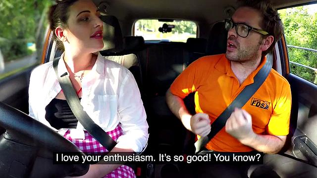 Naughty British MILF with glasses and bubble butt rides and sucks off her car instructor