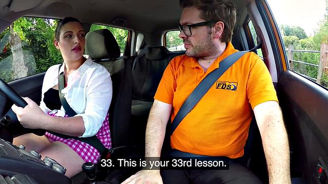 Naughty British MILF with glasses and bubble butt rides and sucks off her car instructor