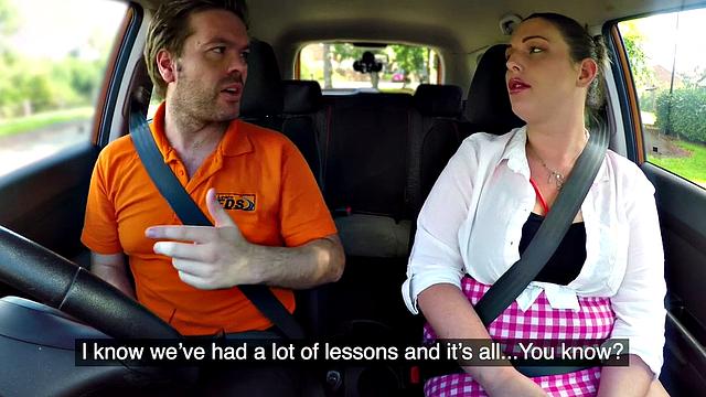 Naughty British MILF with glasses and bubble butt rides and sucks off her car instructor