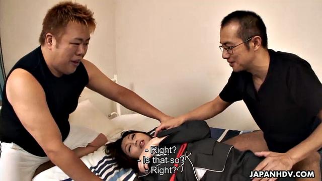 Slutty babe in stockings gets fucked by men