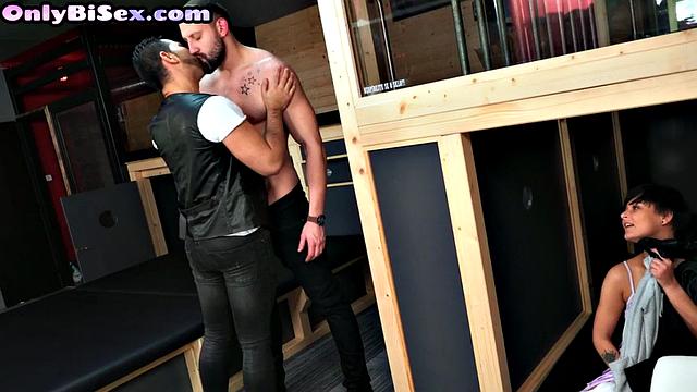 Big-titted babe banged by bisexual guys