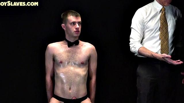 Oiled gay sub dominated by suited DILF in barebacking
