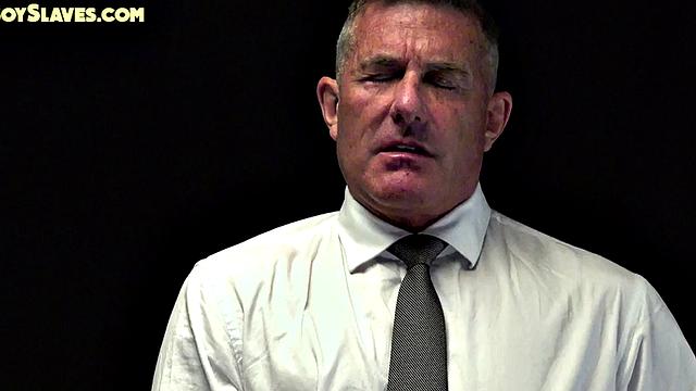 Oiled gay sub dominated by suited DILF in barebacking