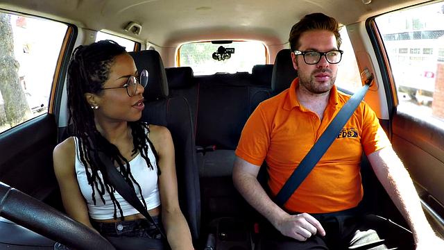 Ebony beauty sucking off driving tutor and getting pounded