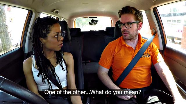 Ebony beauty sucking off driving tutor and getting pounded