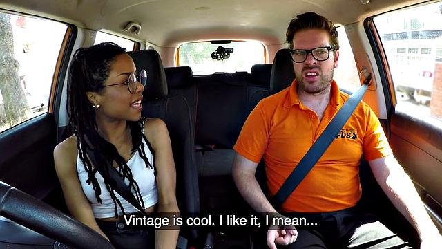 Ebony beauty sucking off driving tutor and getting pounded