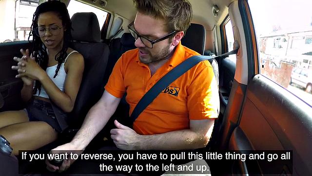 Ebony beauty sucking off driving tutor and getting pounded