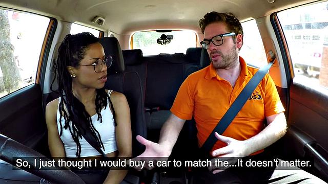 Ebony beauty sucking off driving tutor and getting pounded