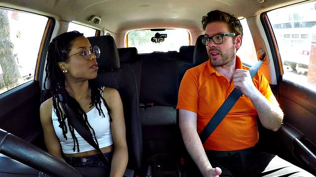 Ebony beauty sucking off driving tutor and getting pounded