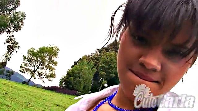 Watch this petite Latina teen strip down to her lingerie & tease you with her small tits