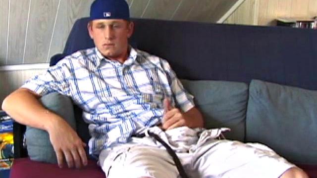 Like horny young guys, Kullen jerks off, gets naked, lubes up his big dick, and starts stroking. When he can't hold back, Kullen shoots a cum gusher all over his abs and chest.