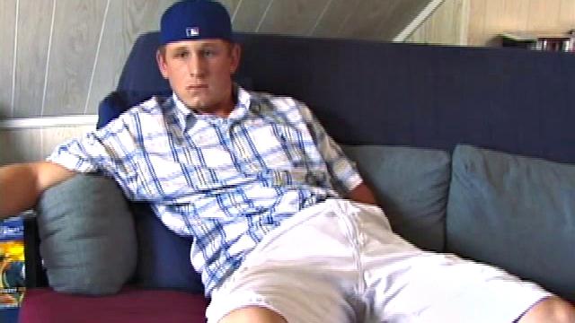 Like horny young guys, Kullen jerks off, gets naked, lubes up his big dick, and starts stroking. When he can't hold back, Kullen shoots a cum gusher all over his abs and chest.