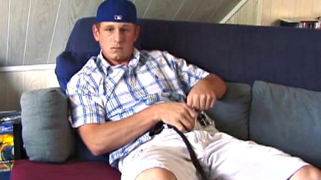 Like horny young guys, Kullen jerks off, gets naked, lubes up his big dick, and starts stroking. When he can't hold back, Kullen shoots a cum gusher all over his abs and chest.