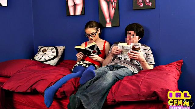 Amateur GF with glasses gives HJ to her BF