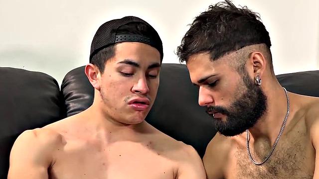 Skinny Latin twink fucks bearded BF in homemade anal